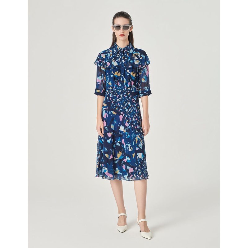 Shirt Collar Printed Short Sleeves Midi Shirt Dress