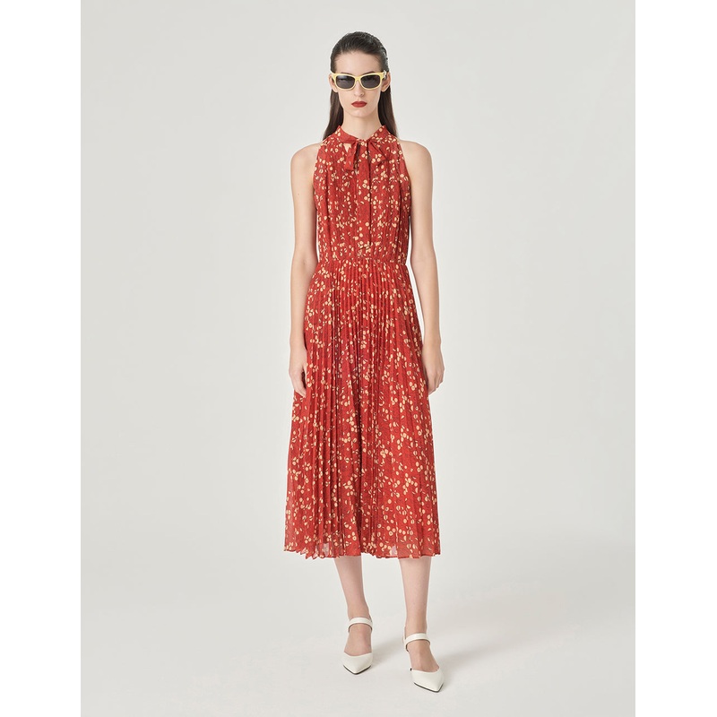 Sleeveless Strappy Pleated Printed Dress