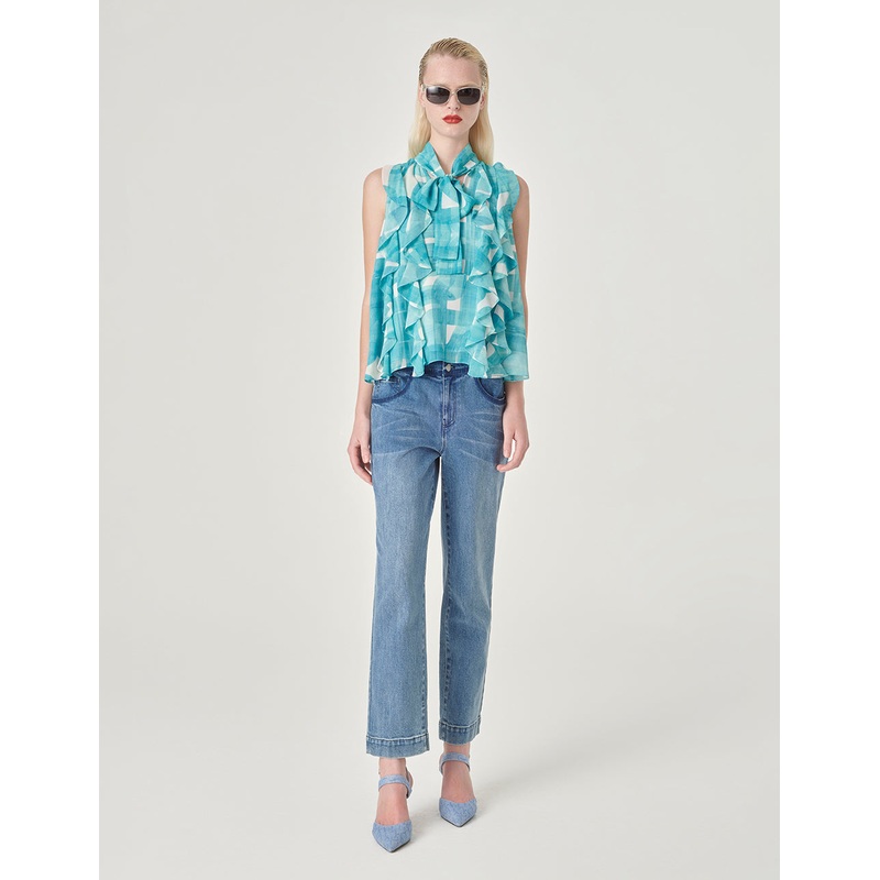 Sleeveless Strappy Ruffled Printed Top