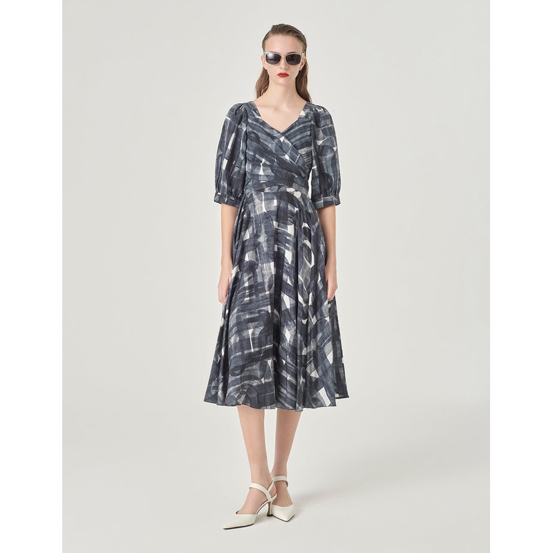 V-Neck Cross-Waist Printed Dress