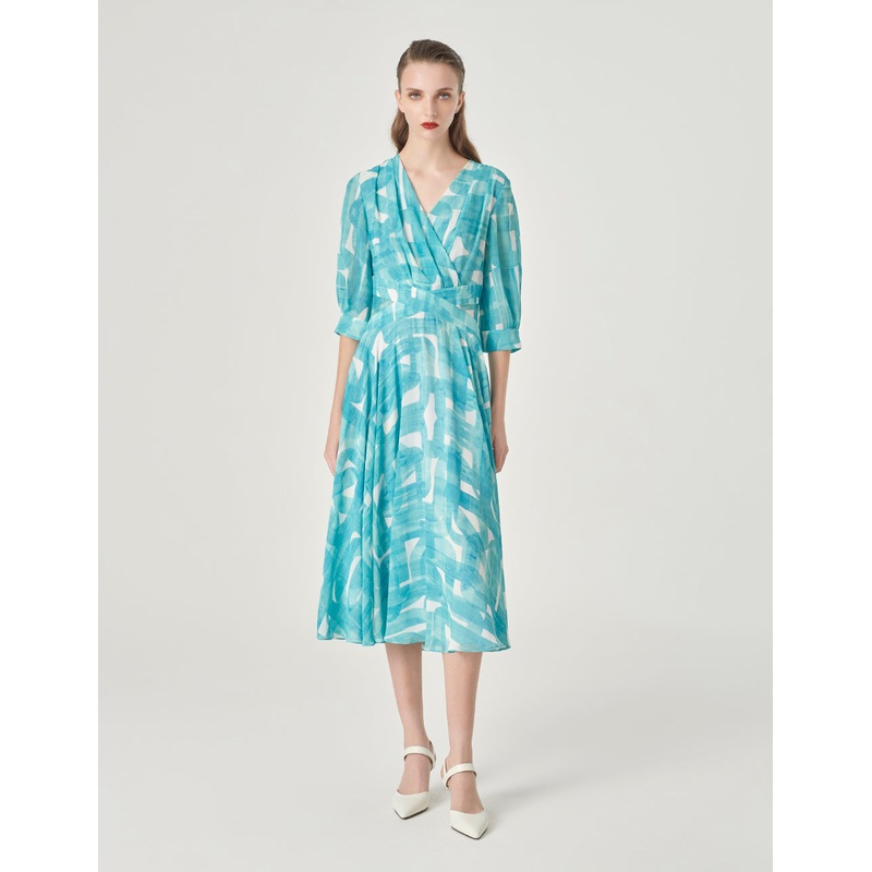 V-Neck Mid-Sleeve Printed Sundress