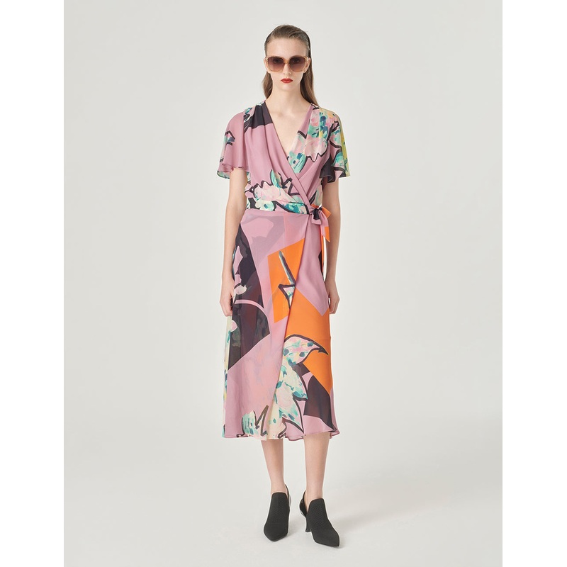 V-Neck Printed Short Sleeves Midi Fishtail Dress