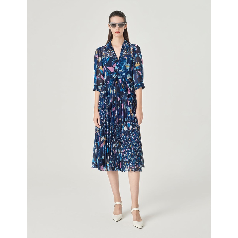 V-Neck Shirt Style Printed Half-Sleeves Midi Dress
