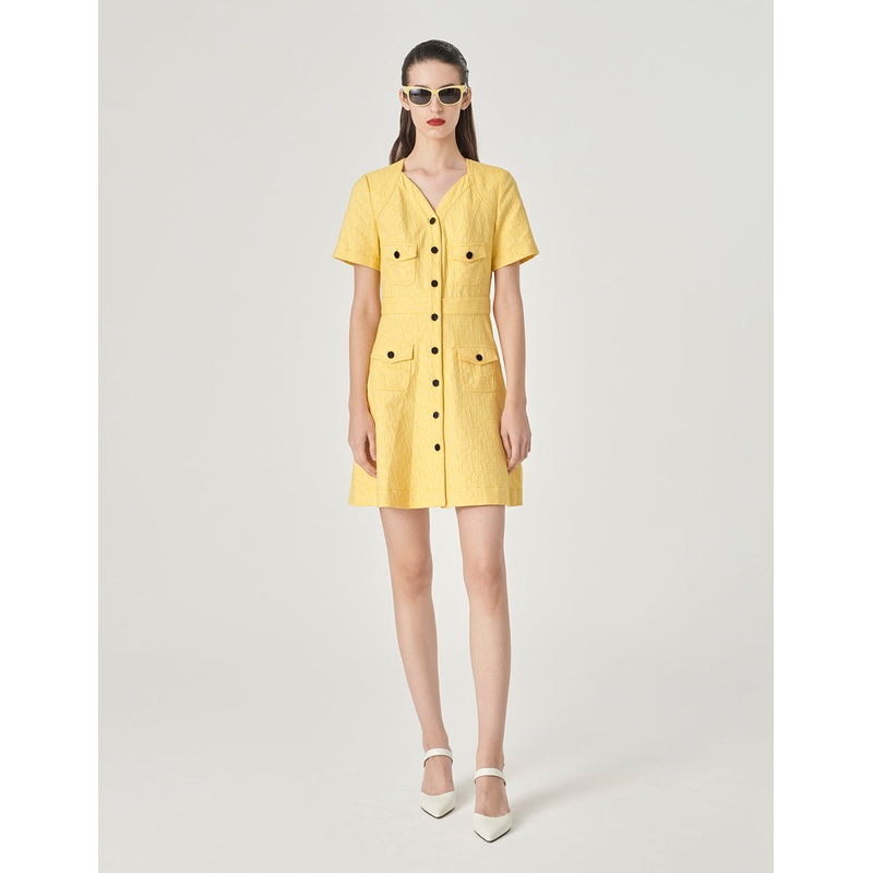 V-Neck Short-Sleeve Letter-Logo Jacquard Dress