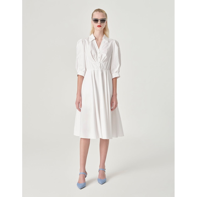 V-Shaped Shirt Collar Mid-Sleeve A-Hem Dress