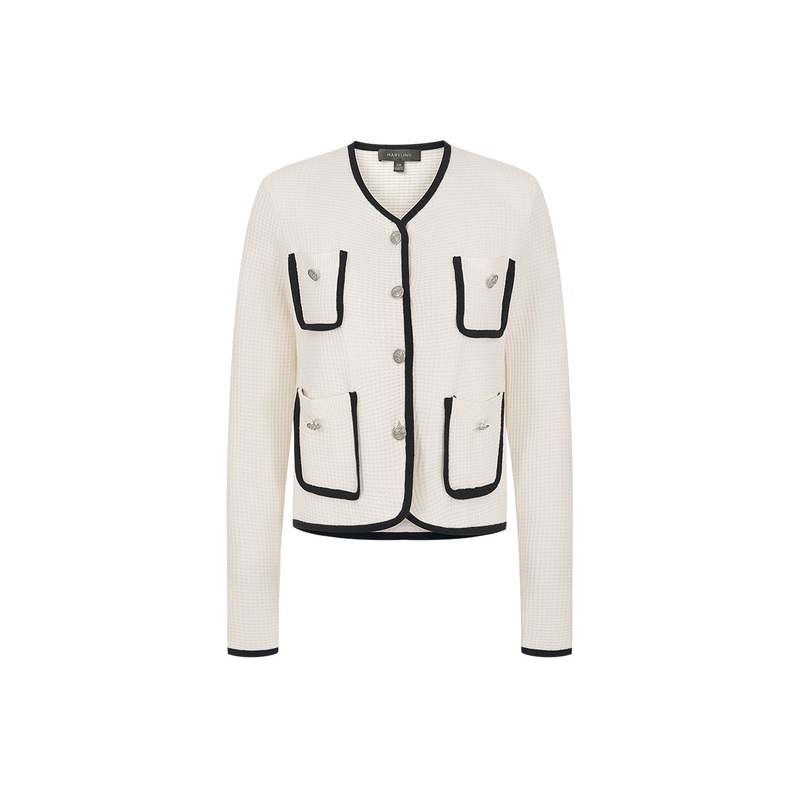 White Contrast Pocket Knitted Cardigan