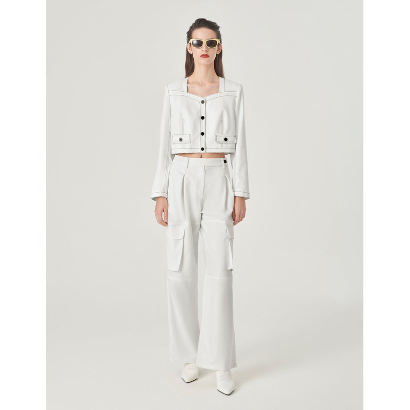 White Contrast Topstitched Short Jacket