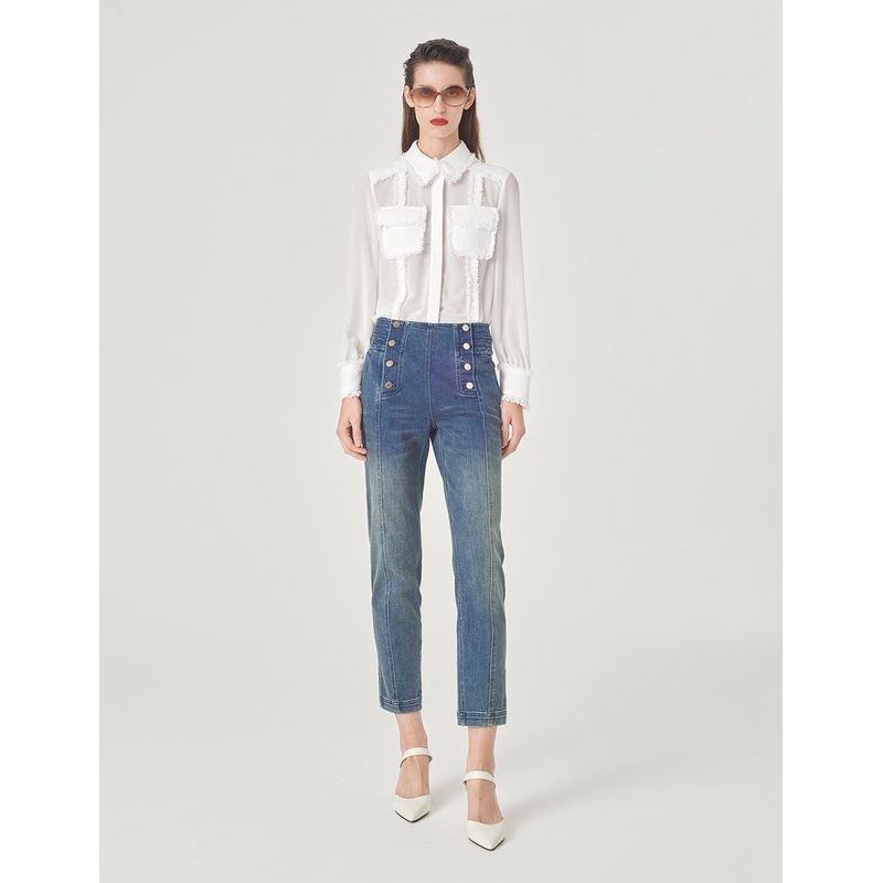 White Frayed Edge Georgette Shirt Collar Blouse