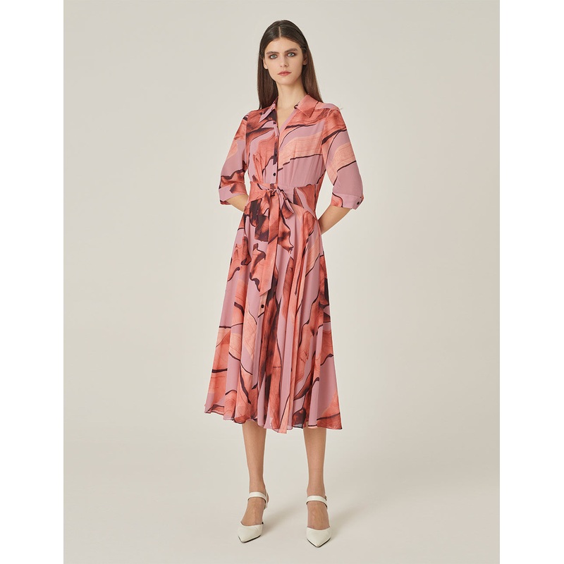 3/4 Sleeve Swing Print Shirt Dress