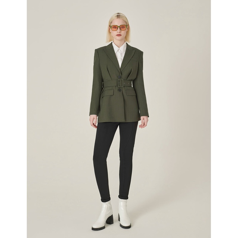 Army Green Lapel Long-Sleeve Single-Breasted Midi-Length Coat