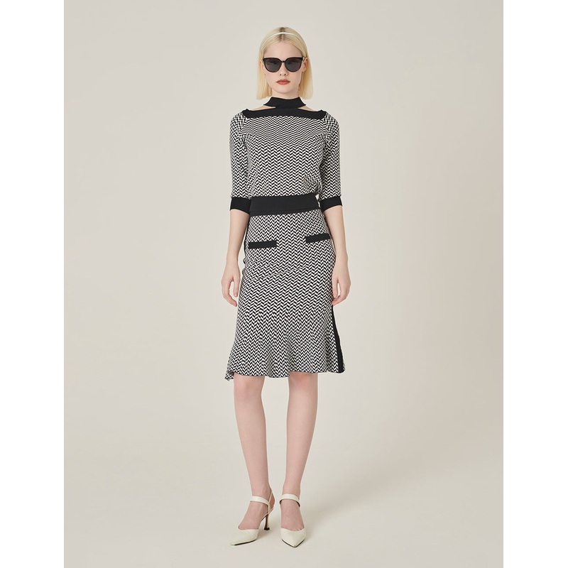 Black And White Herringbone Fishtail Wool Knitted Skirt