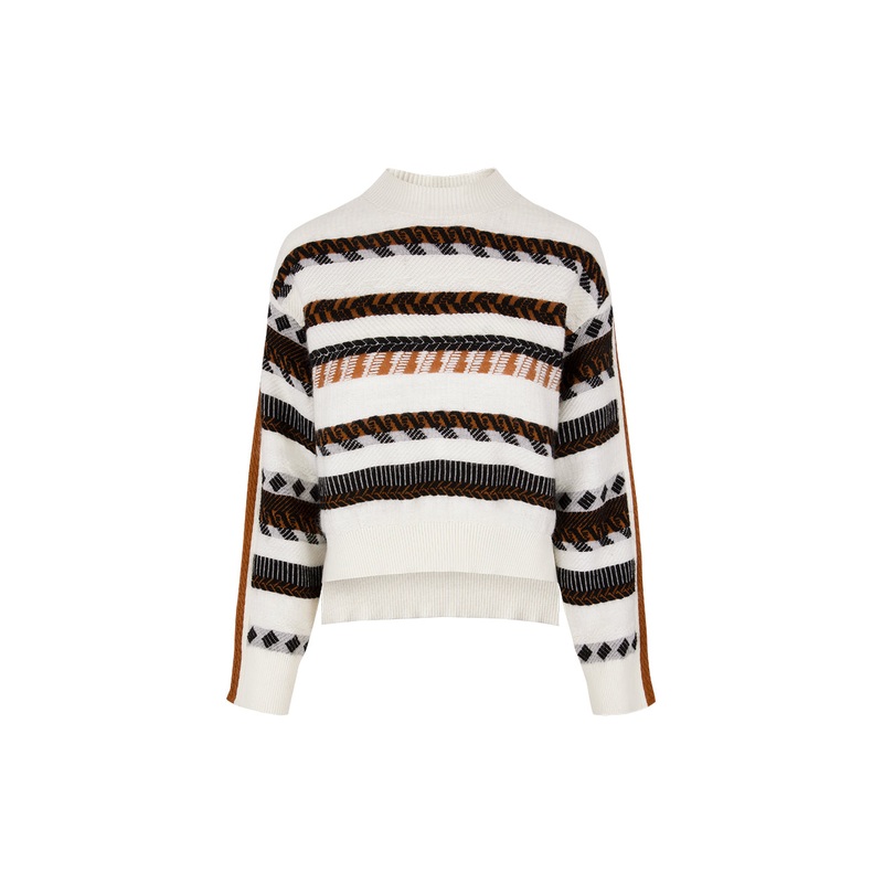Black And White Striped Round Neck Knitted Sweater