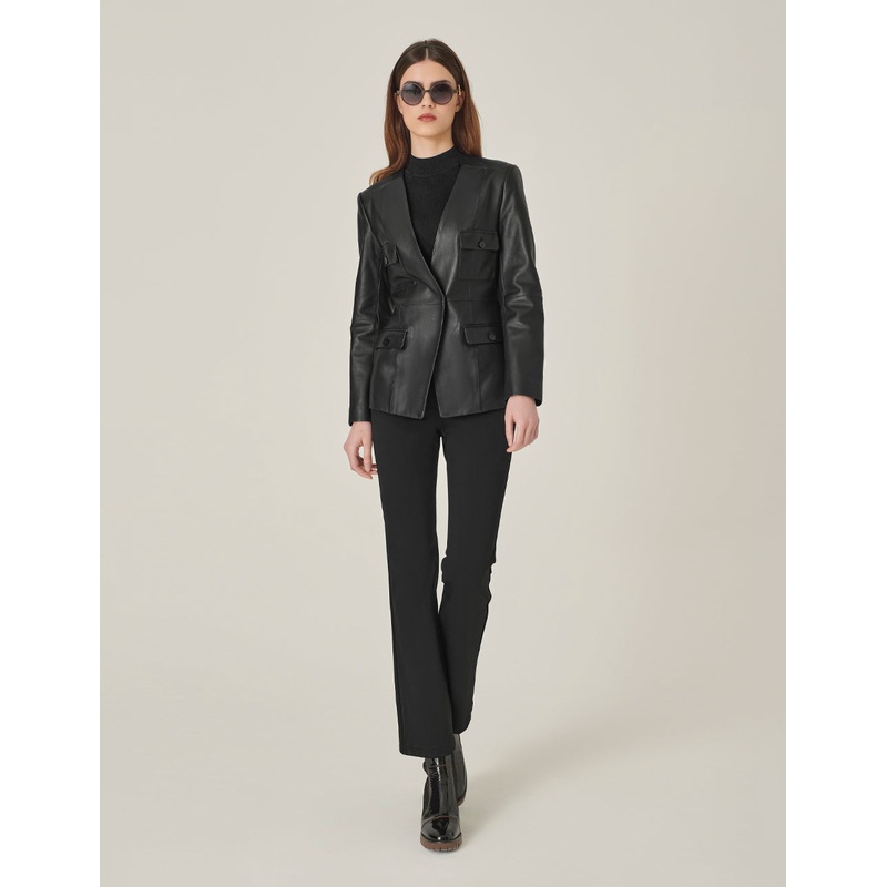 Black Collarless Lambskin Blazer With Multiple Pockets