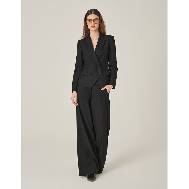 Black Faux Wool Wide-Leg Pants