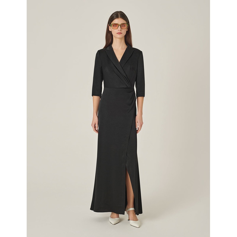 Black Lapel Mid-Sleeve Slit Fishtail Evening-Dress
