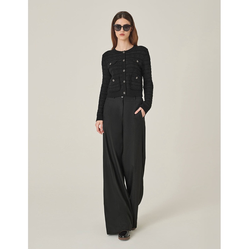 Black Round Neck Dark Texture Cropped Knitted Cardigan