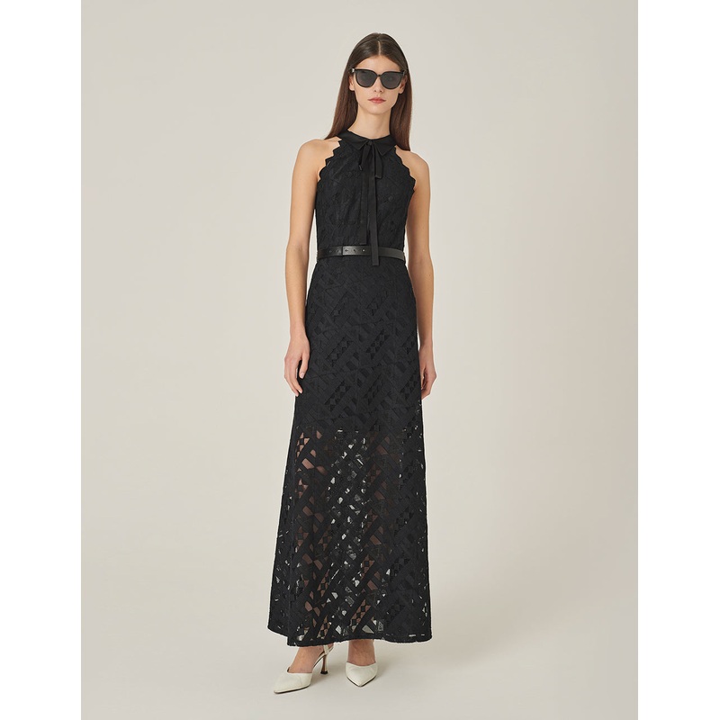 Black Small Lapel Off-Shoulder Lace Fishtail Dress