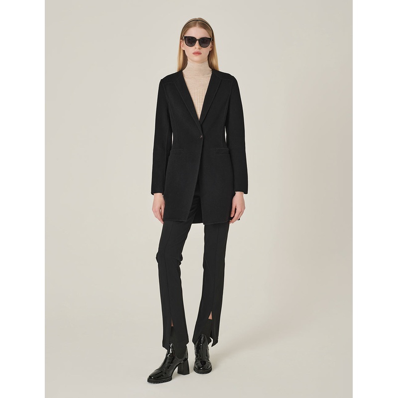 Black V-Neck Single-Breasted Silk-Wool Coat
