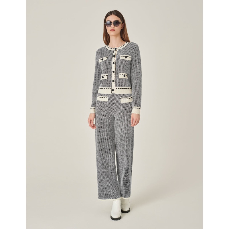 Black & White Wool Knitted Wide-Leg Trousers
