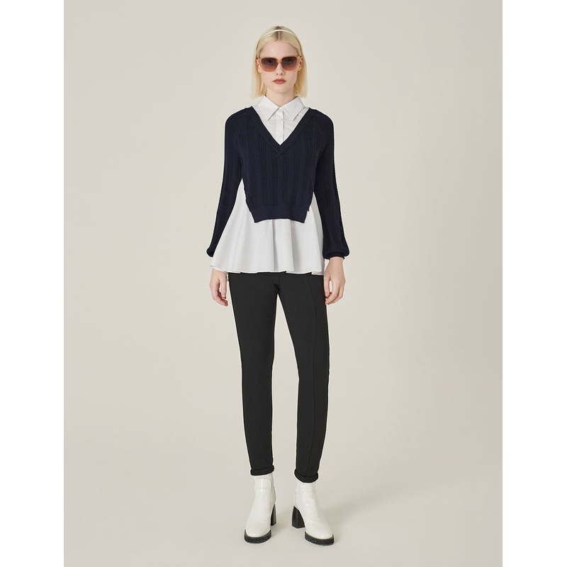 Blue A& White Long-Sleeve Patchwork Knitted Blouse