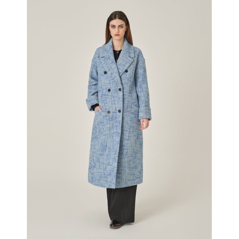 Blue Loose Double-Breasted Long Tweed Wool Coat