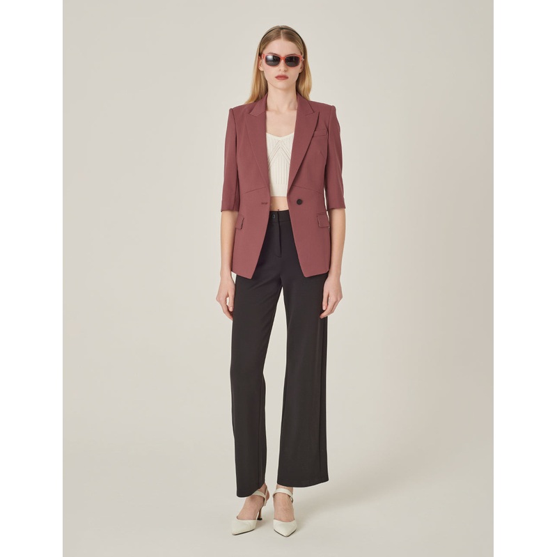 Brick Red Peaked Lapel 3/4 Sleeve Single-Breasted Blazer