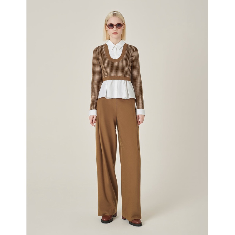 Camel Checkered Patchwork Knit Blouse