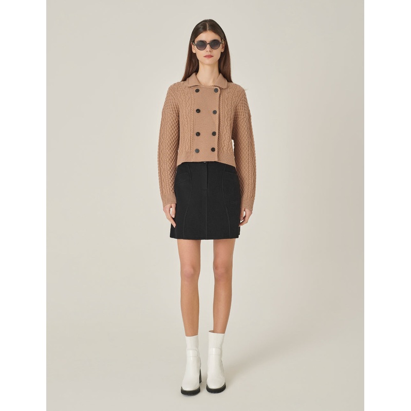 Camel Lapel Double-Breasted Knitted Cardigan