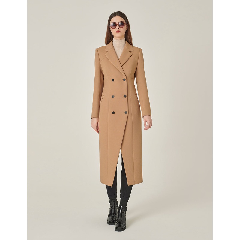 Camel Peaked Lapel Double-Breasted Long Coat