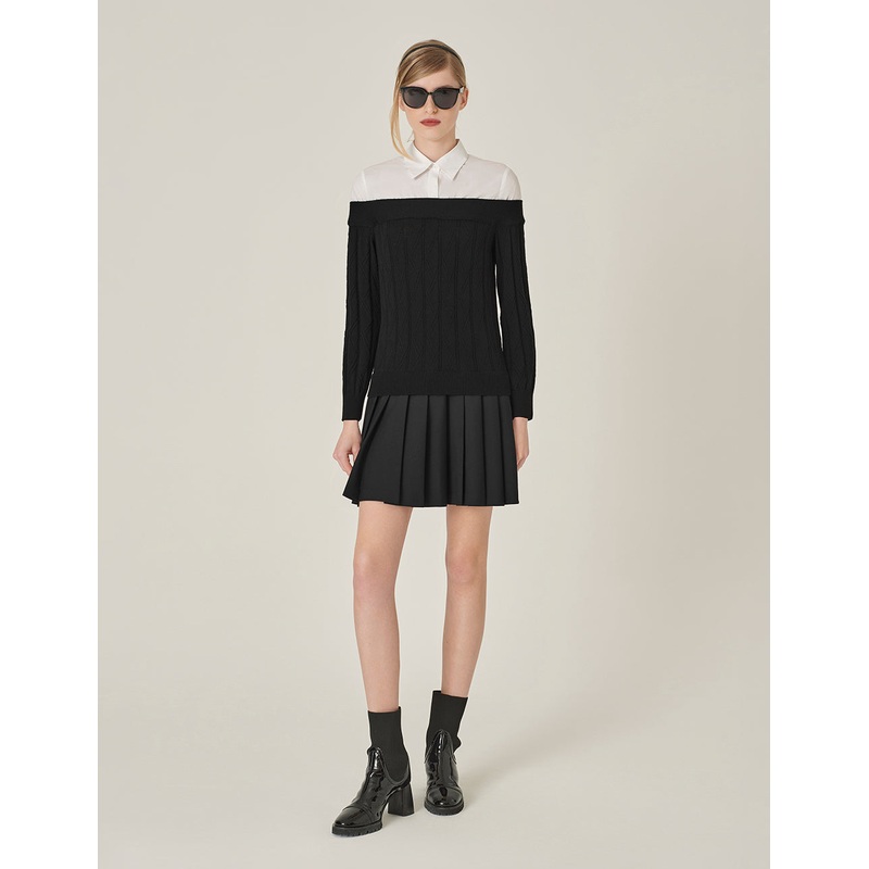 Color-Block Patchwork A-Line Pleated Mini Knitted Shirt Dress