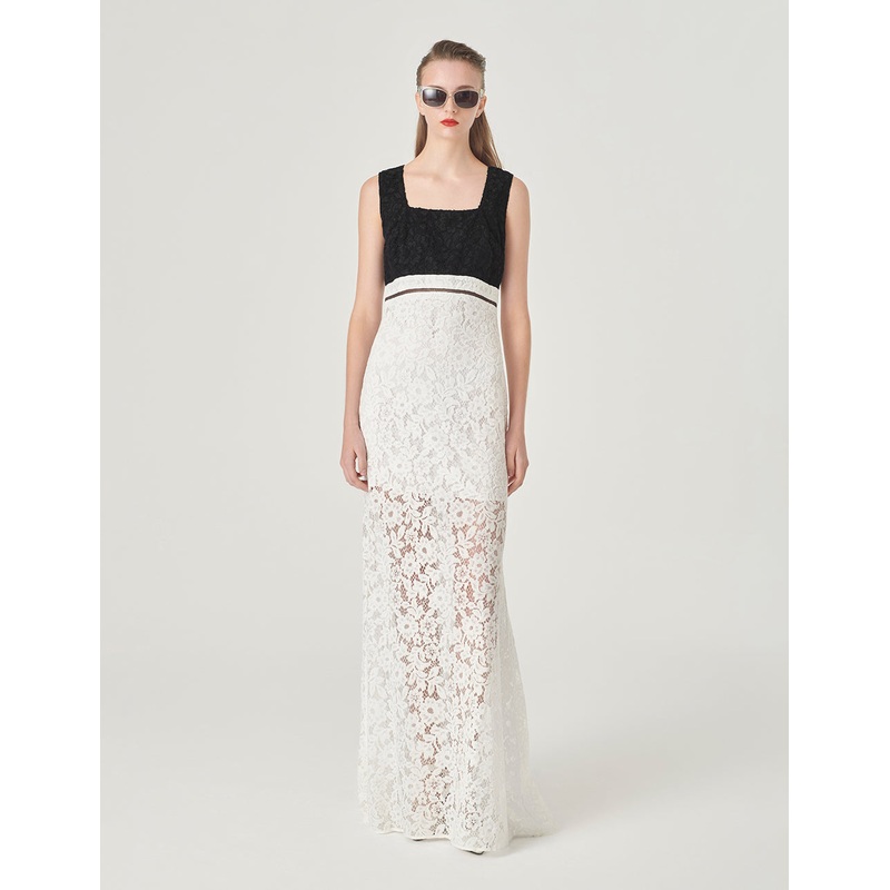 Color-Block Square-Neck Lace Long Dress