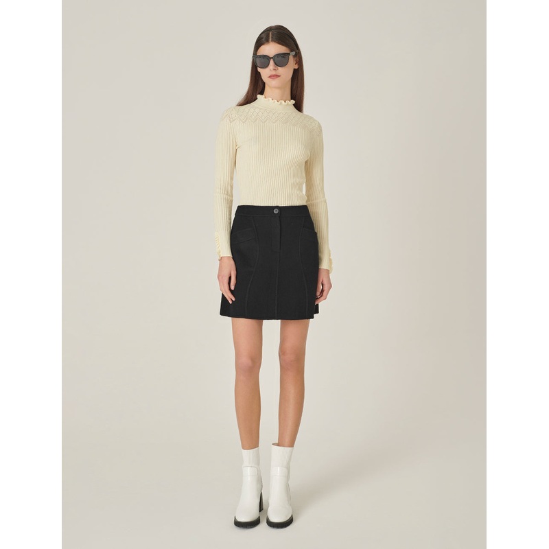Cream Ruffle-Turtleneck Knitted Sweater