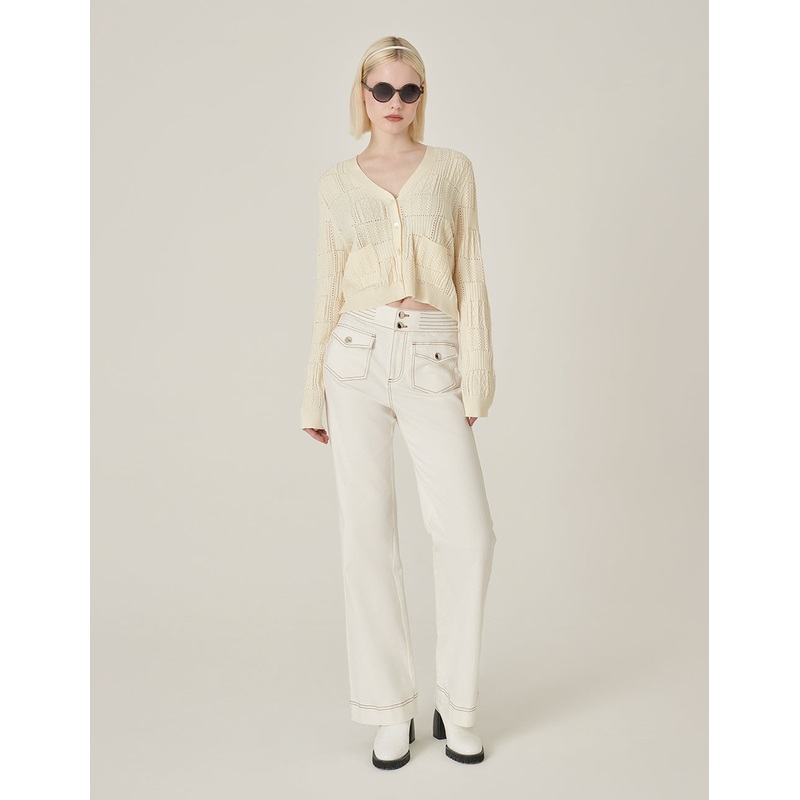 Cream V-Neck French Knitted Cardigan