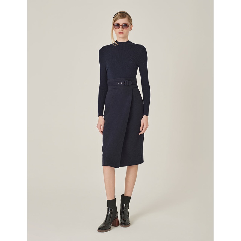 Crew-Neck Long Sleeve Patchwork Sheath Slits Midi Knitted Wool Dress