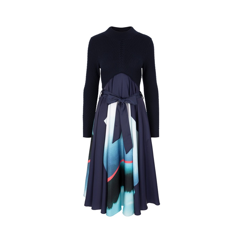 Crew-Neck Long-Sleeve Printed Patchwork Knitted A-Line Pleated Midi Dress