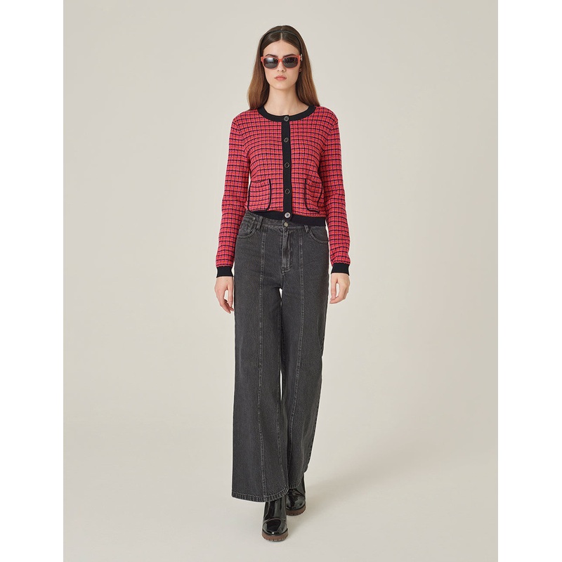 Crew-Neck Plaid Long-Sleeve Cropped Tweed Knitted Cardigan