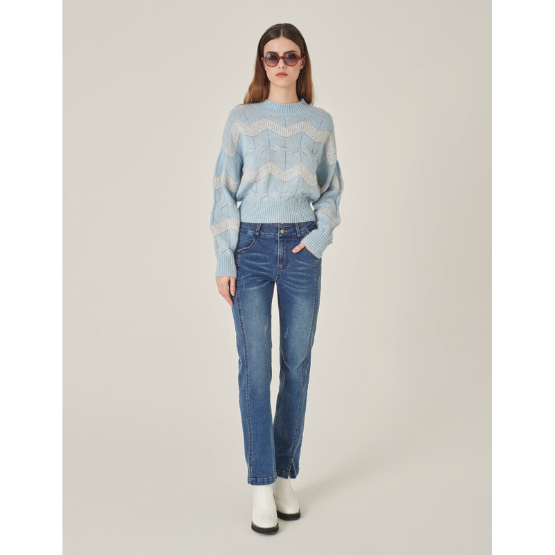 Crew Neck Striped Sequined Long-Sleeve Knitted Pullover