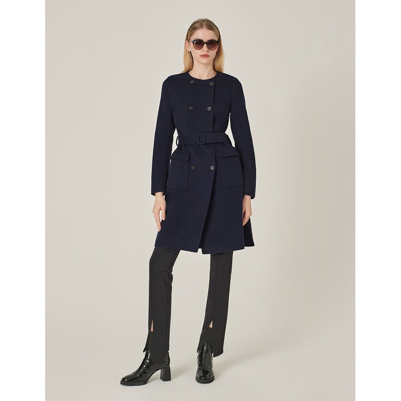 Dark Blue Collarless Double-Breasted Coat