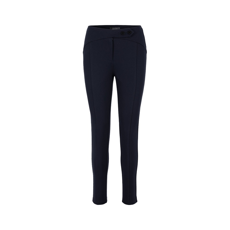 Dark Blue Curved Line-Cut Slim Fit Stretch Pants