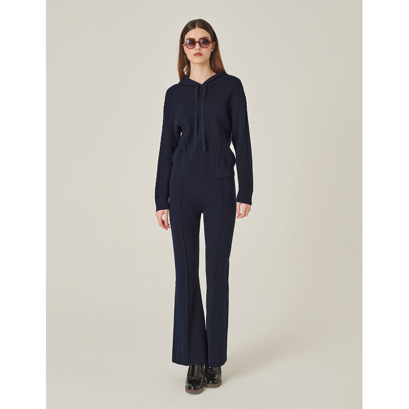 Dark Blue Flared Wide-Leg Knitted Trousers