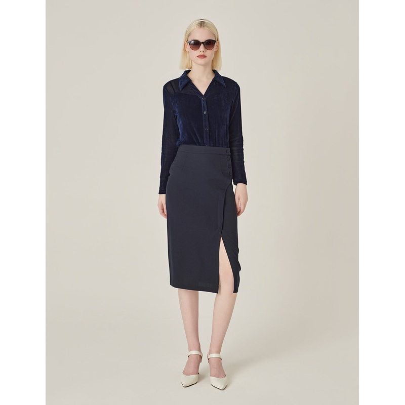 Dark Blue Flocked Slim Blouse