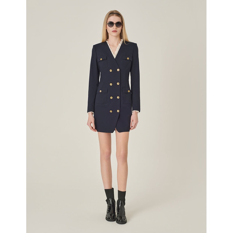 Dark Blue V-Neck Long-Sleeve Double-Breasted Shift Mini Dress