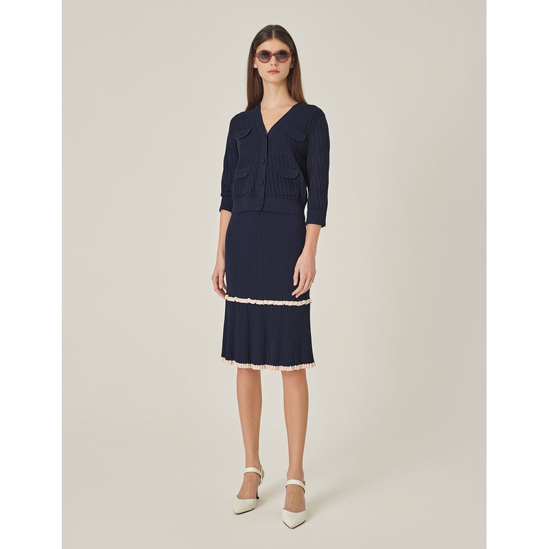 Dark Blue V-Neck Two-Color Knitted Cardigan