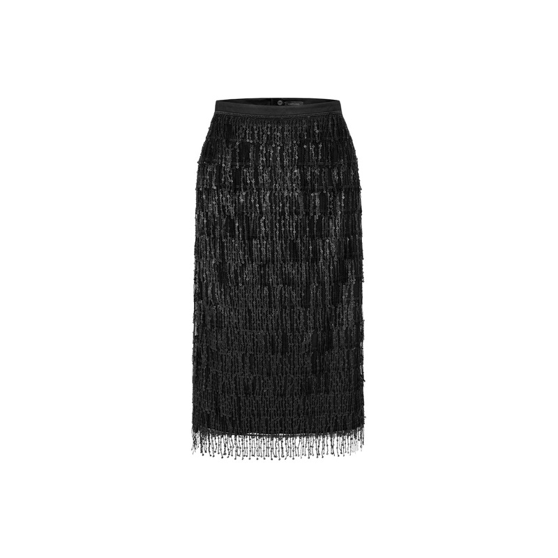 Fringed Sequin Straight Hip-Hugging Knee-Length Black Skirt