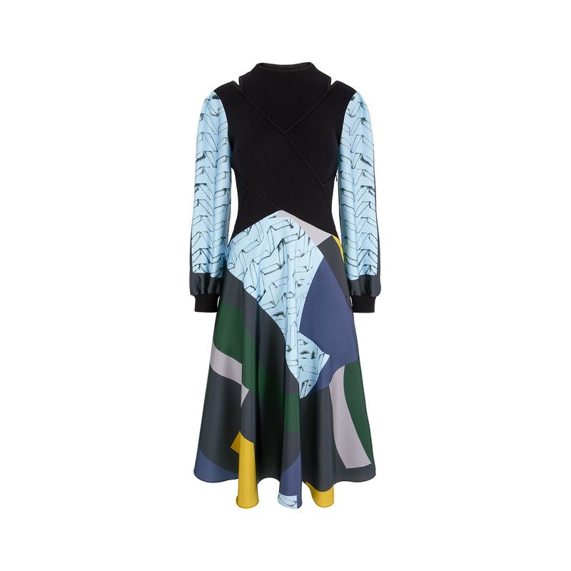 High-Neck Shoulder-Cutout Puff-Sleeve Printed Patchwork Knitted Midi Dress