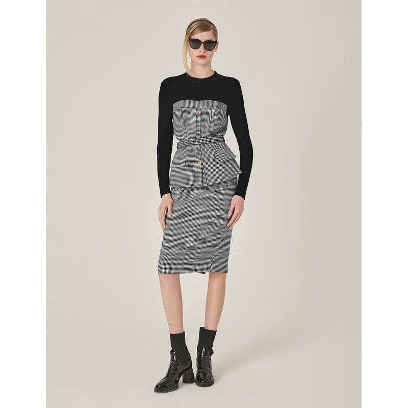 Houndstooth Patchwork Knitted Top With Belt