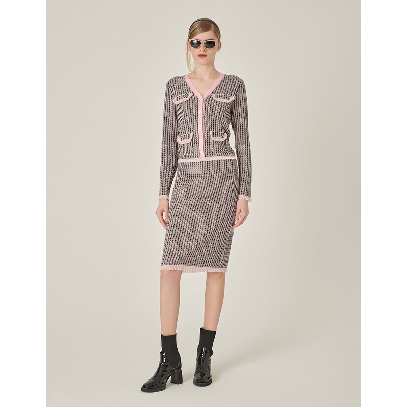 Houndstooth Straight-Leg Knee-Length Wool Knitted Skirt