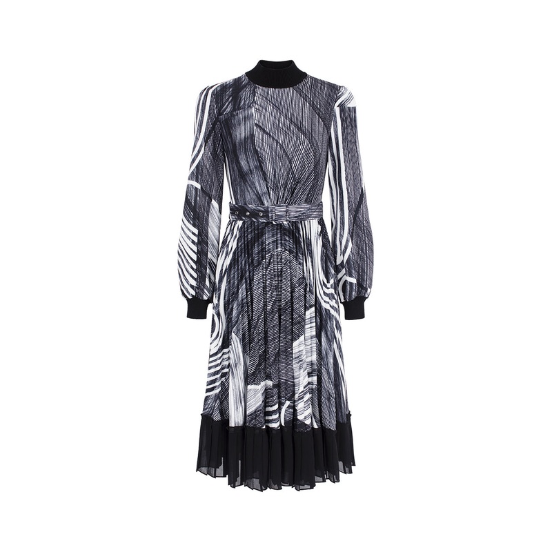 Knitted Turtleneck Printed A-Line Pleated Midi Dress