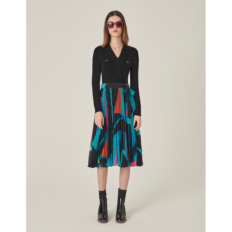 Lapel Knitted Patchwork Printed Pleated Midi Dress