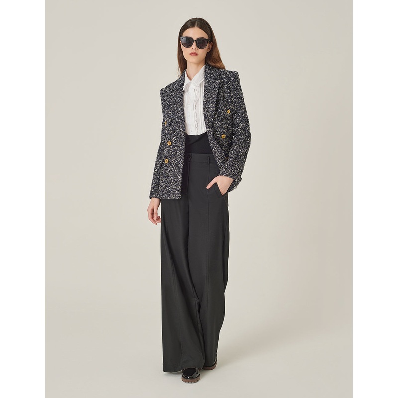 Lapel Long-Sleeve Tweed Double-Breasted Blazer